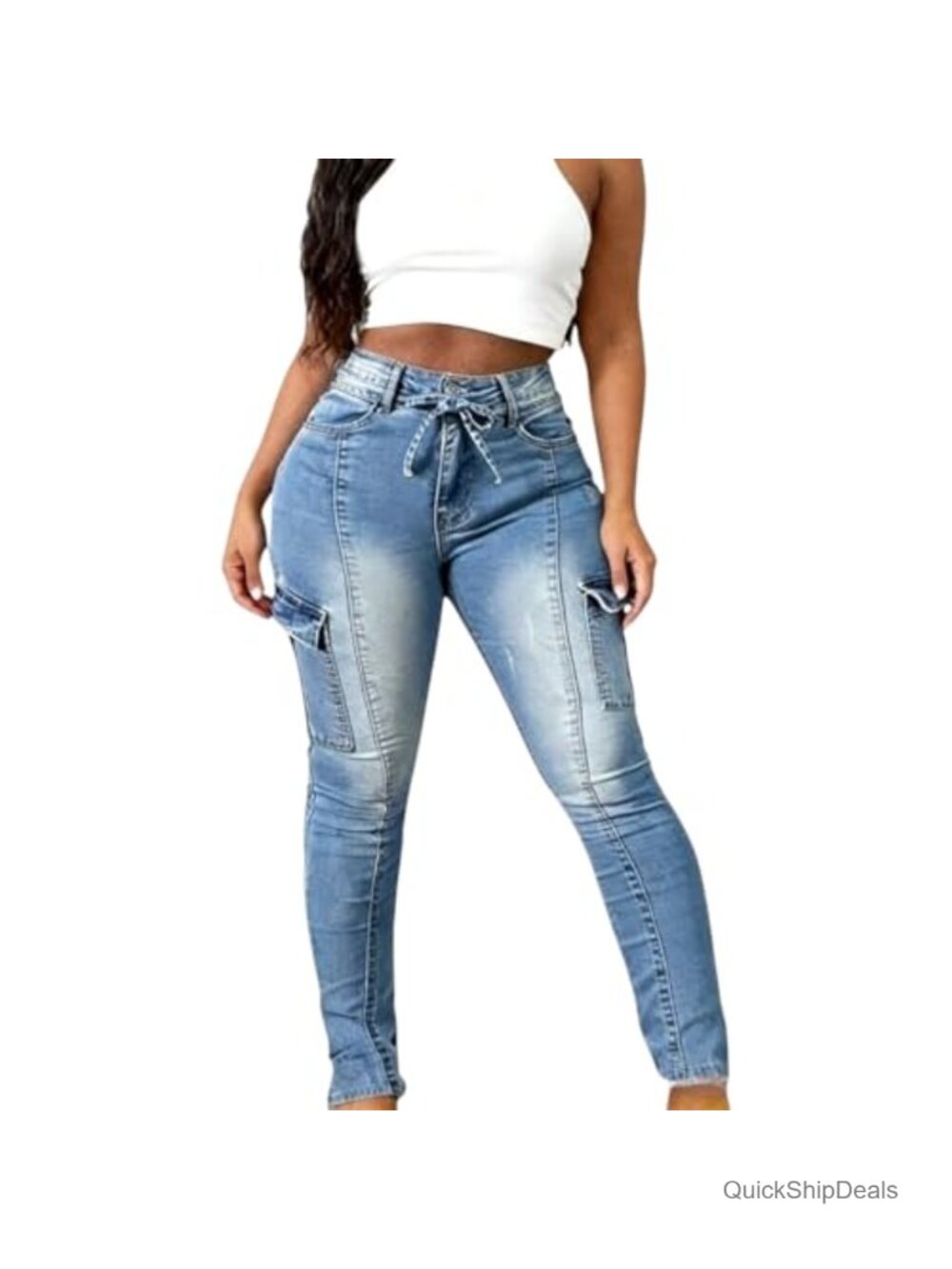 High Waisted Stretchy Skinny Cargo Jeans Women Six Pockets